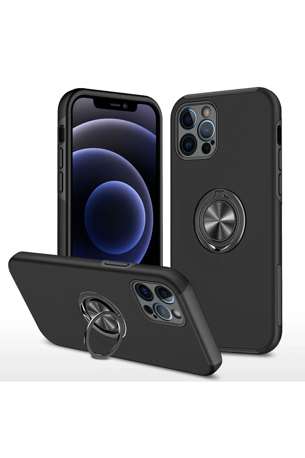 Newface iPhone 12 Pro Max Kılıf Elit Yüzüklü Kapak - Siyah