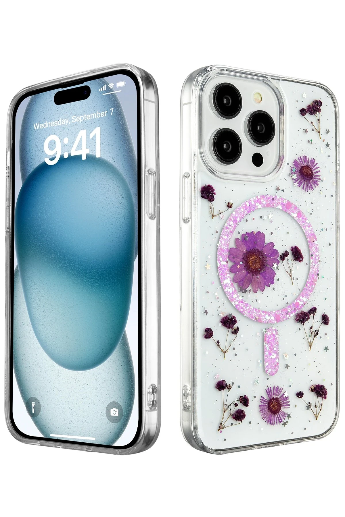 Newface iPhone 14 Pro Max Kılıf Daisy Simli Magsafe Kapak - Mor