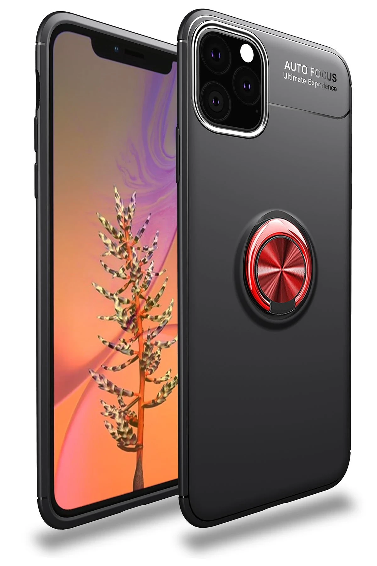 Newface iPhone 11 Pro Max Kılıf Range Yüzüklü Silikon - Siyah-Kırmızı