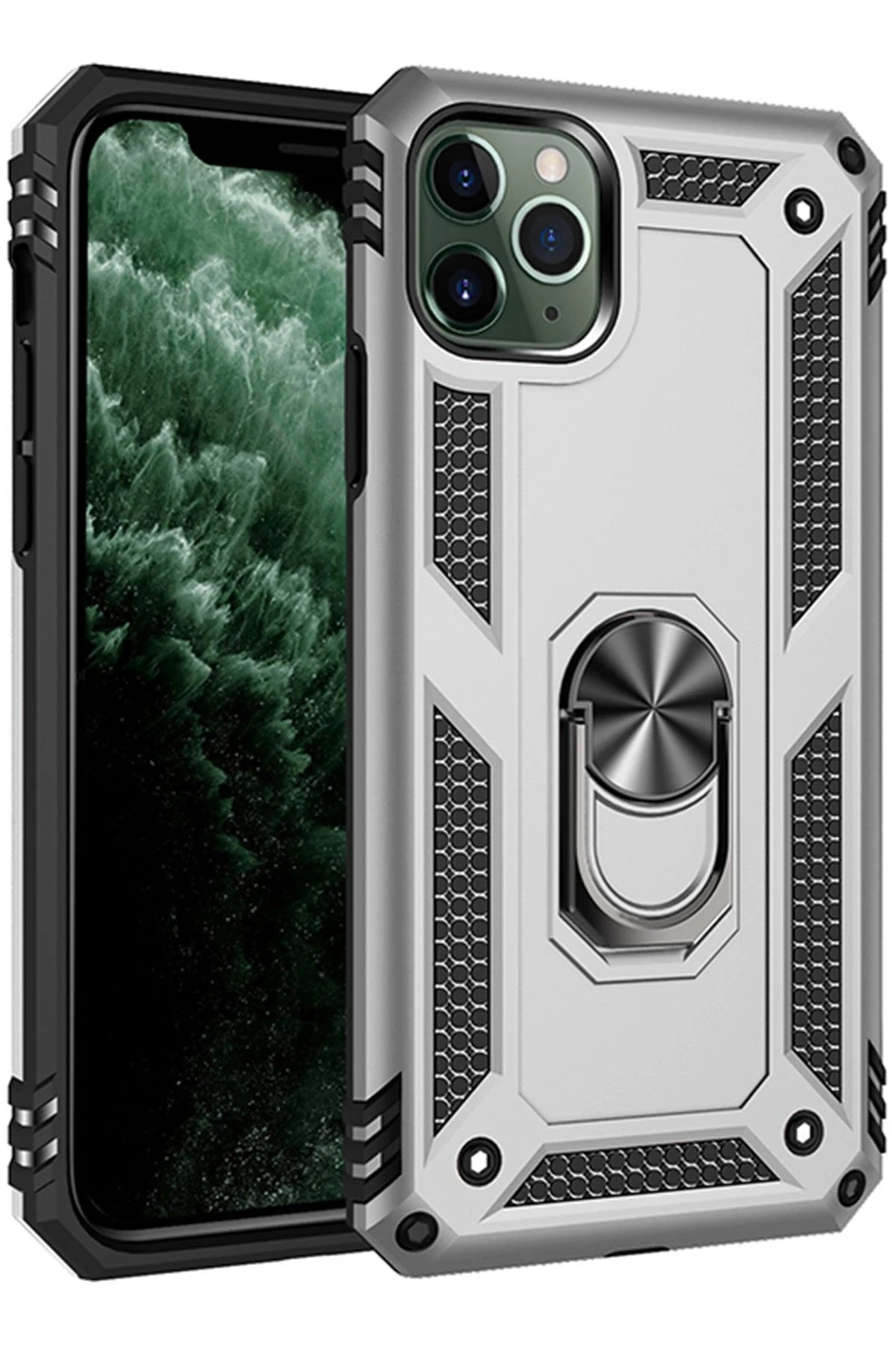 Newface iPhone 11 Pro Max Kılıf Sofya Yüzüklü Silikon Kapak - Gümüş