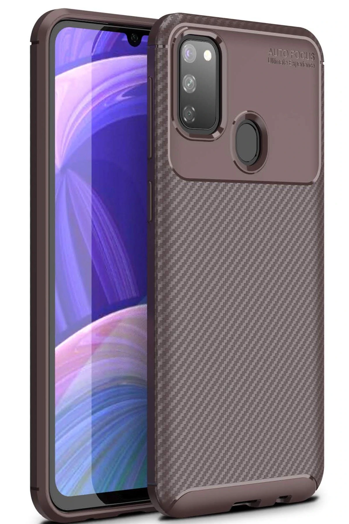 Newface Samsung Galaxy M30S Kılıf Auto Focus Karbon Kapak - Kahverengi