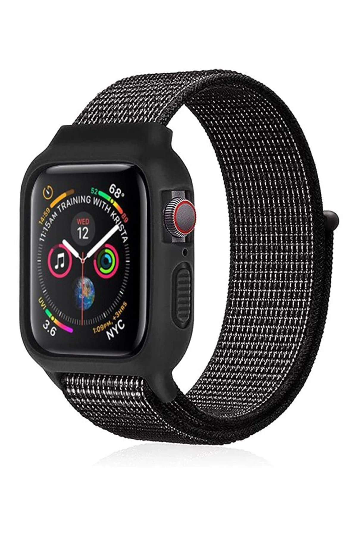 Newface Apple Watch 42mm Hasırlı Cırtcırtlı Kasalı Kordon - Benekli Siyah