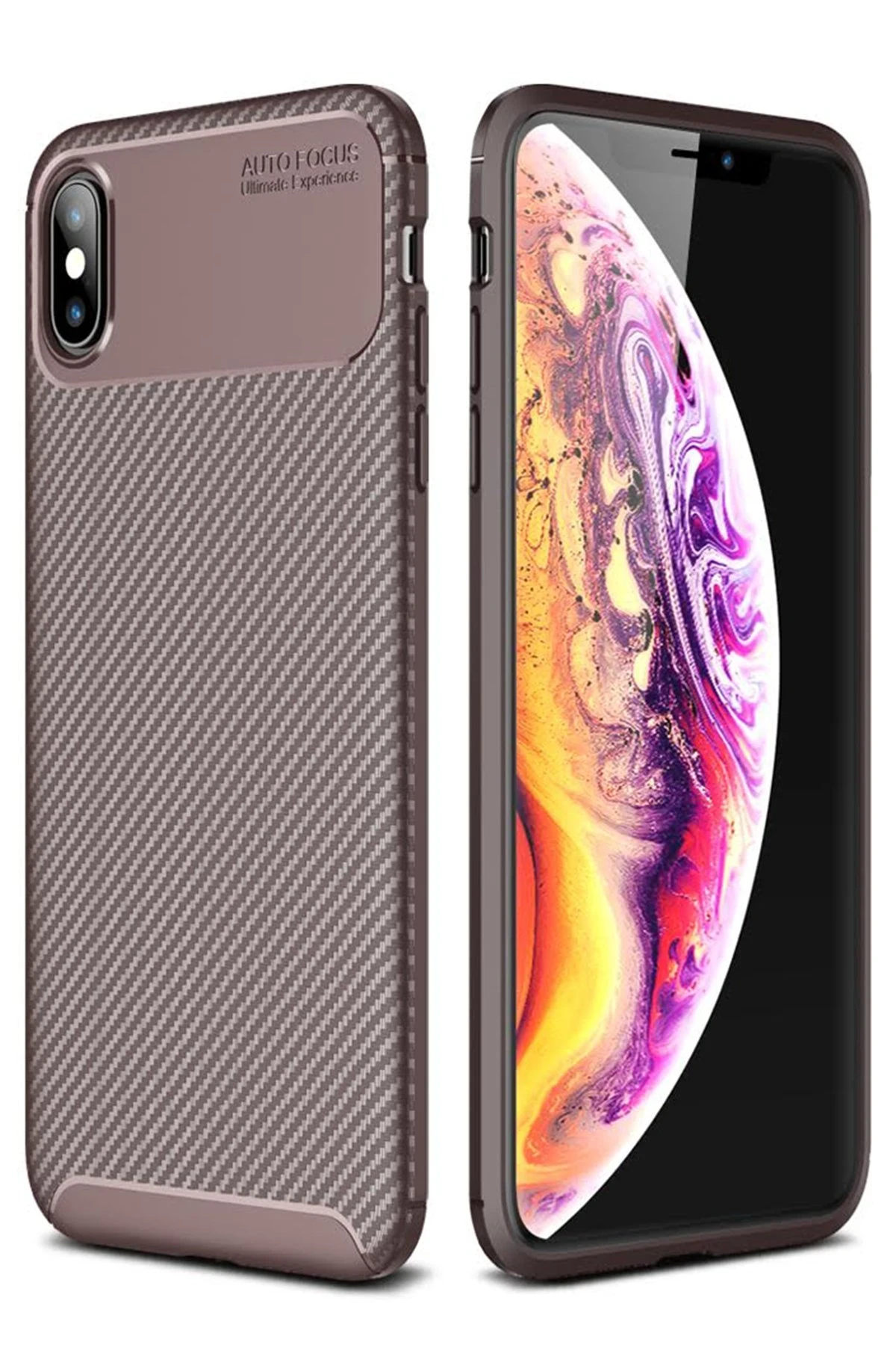 Newface iPhone XS Max Kılıf Auto Focus Karbon Kapak - Kahverengi