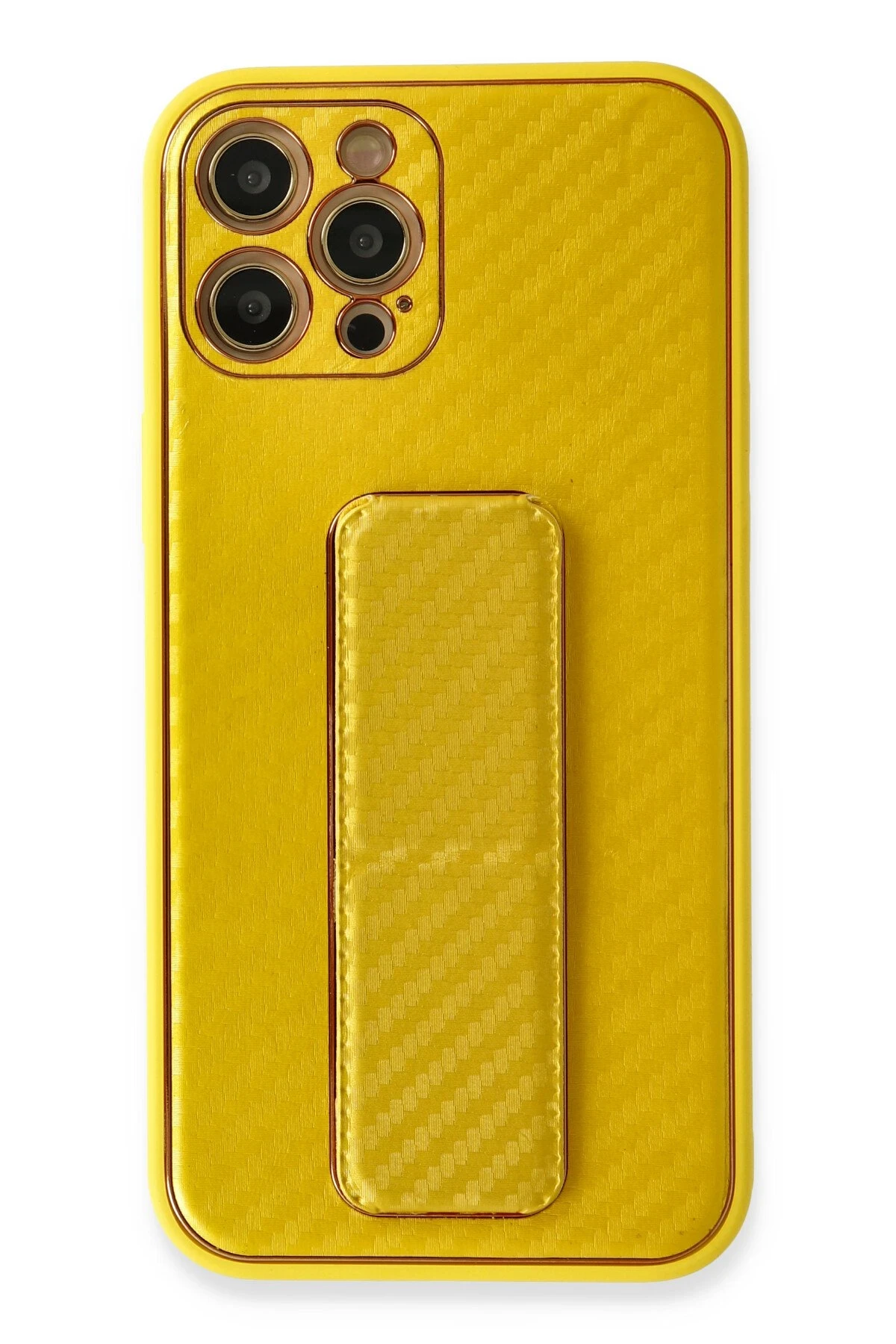 Newface iPhone 12 Pro Max Kılıf Coco Karbon Standlı Kapak - Sarı