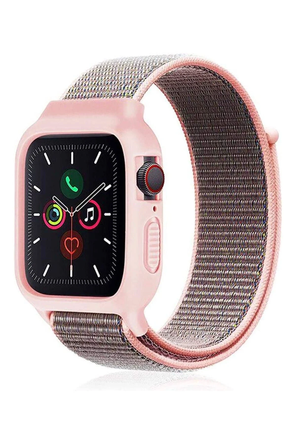 Newface Apple Watch 38mm Hasırlı Cırtcırtlı Kasalı Kordon - Pembe
