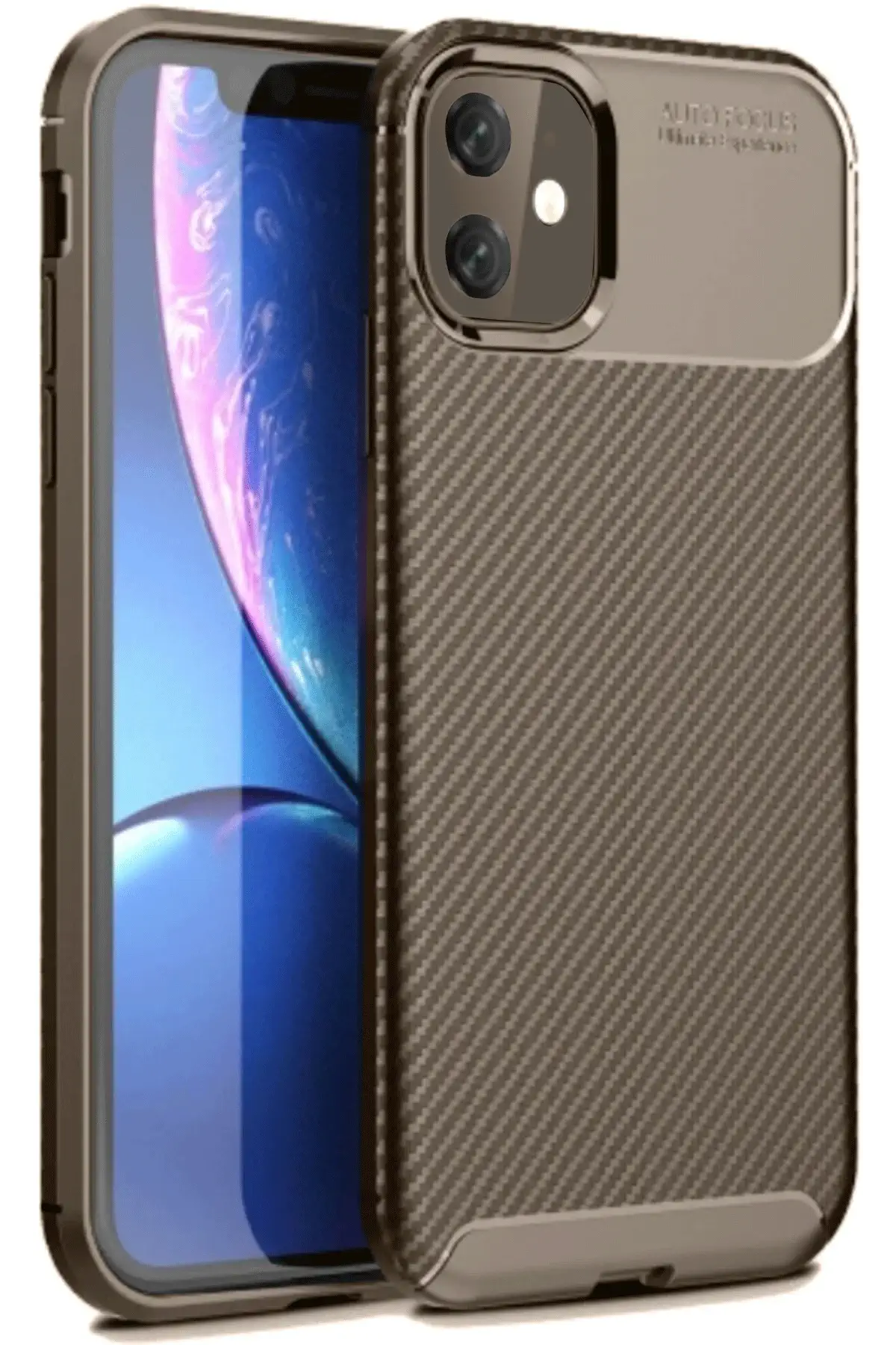 Newface iPhone 11 Kılıf Auto Focus Karbon Kapak - Kahverengi