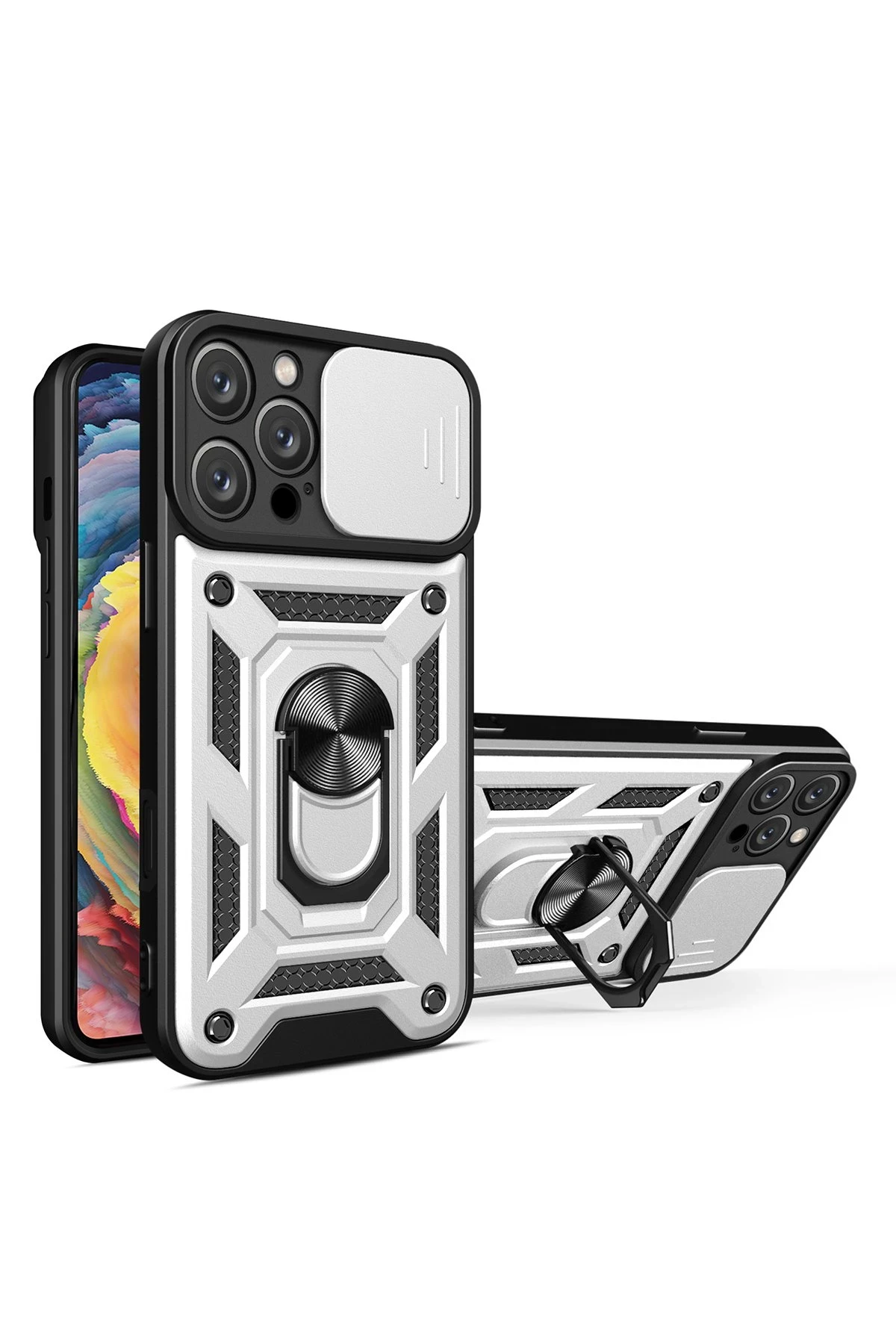 Newface iPhone 16 Pro Max Kılıf Pars Lens Yüzüklü Silikon - Gümüş