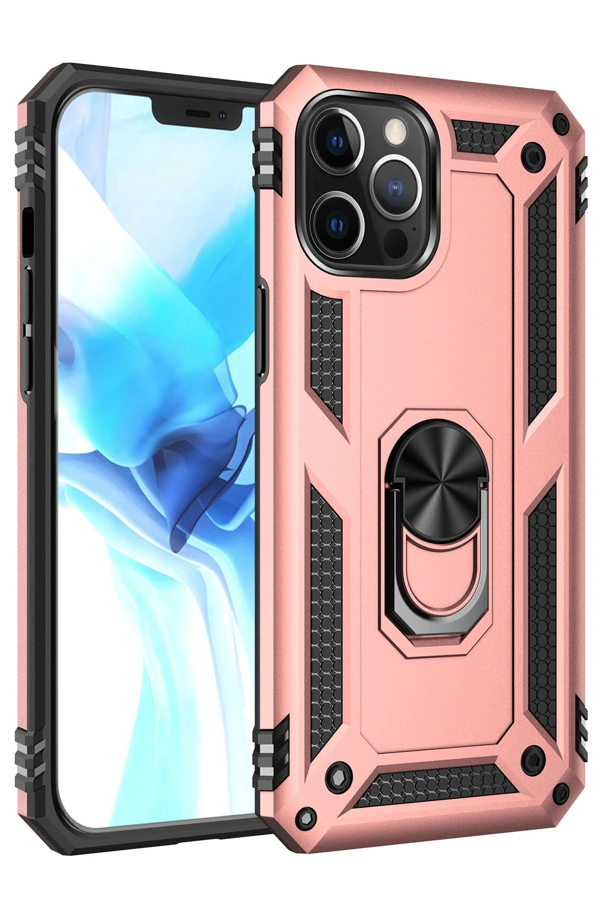 Newface iPhone 12 Pro Max Kılıf Sofya Yüzüklü Silikon Kapak - Rose