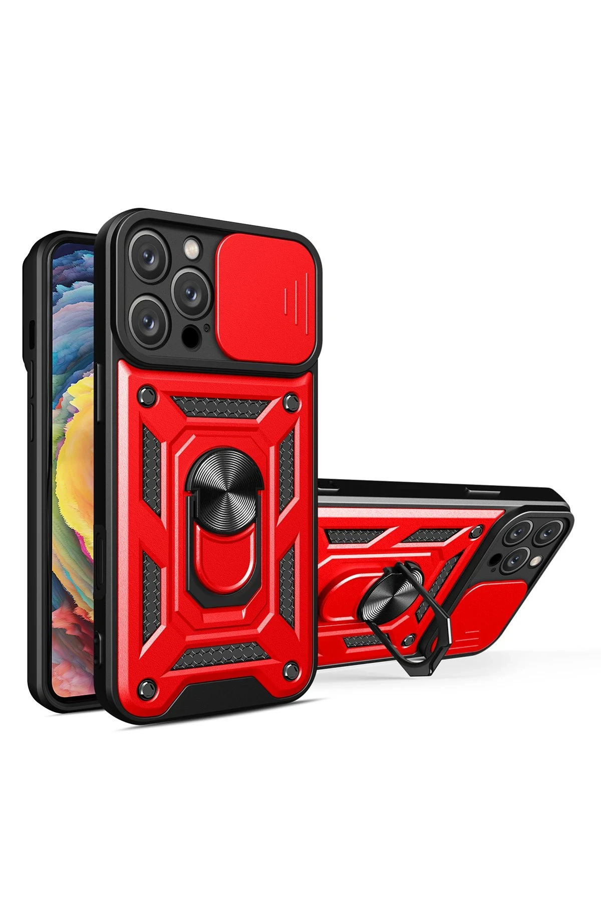 Newface iPhone 16 Pro Max Kılıf Pars Lens Yüzüklü Silikon - Kırmızı