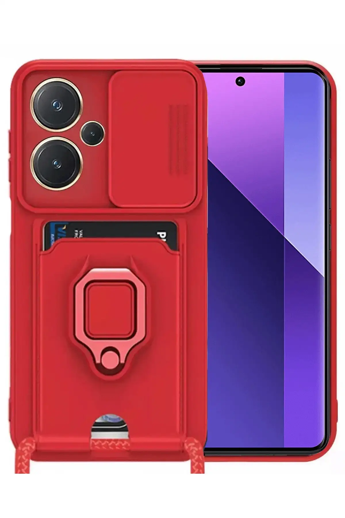 Newface Xiaomi Redmi Note 13 Pro Plus Kılıf Zuma Kartvizitli Yüzüklü Silikon - Kırmızı