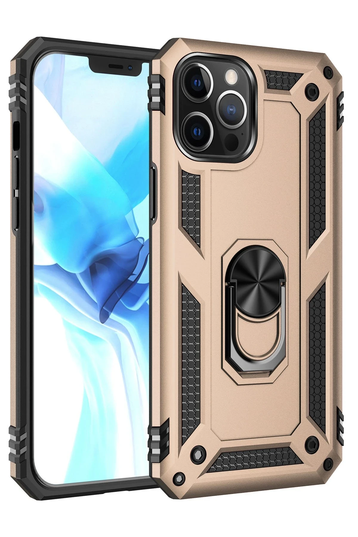 Newface iPhone 12 Pro Max Kılıf Sofya Yüzüklü Silikon Kapak - Gold