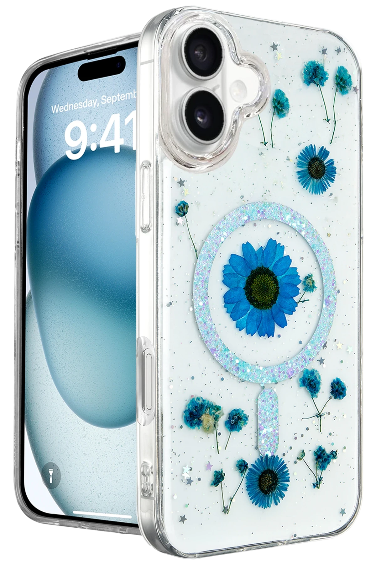 Newface iPhone 16 Kılıf Daisy Simli Magsafe Kapak - Mavi