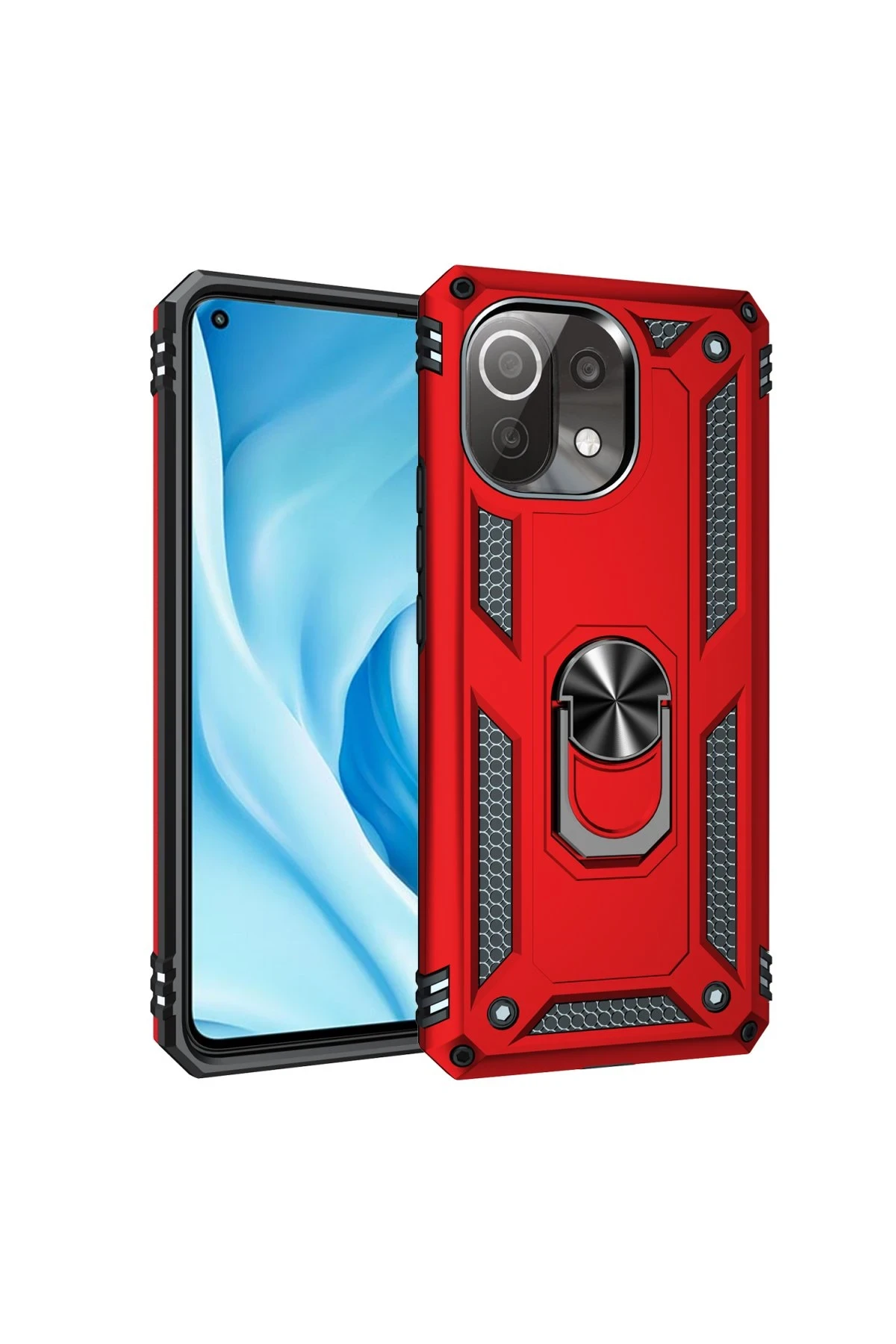 Newface Xiaomi Mİ 11 Lite Kılıf Sofya Yüzüklü Silikon Kapak - Kırmızı