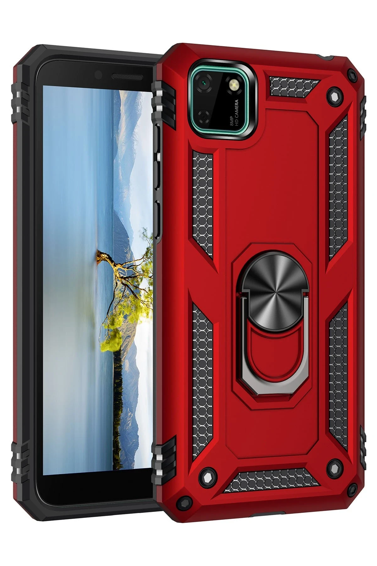 Newface Huawei Y5P Kılıf Sofya Yüzüklü Silikon Kapak - Kırmızı