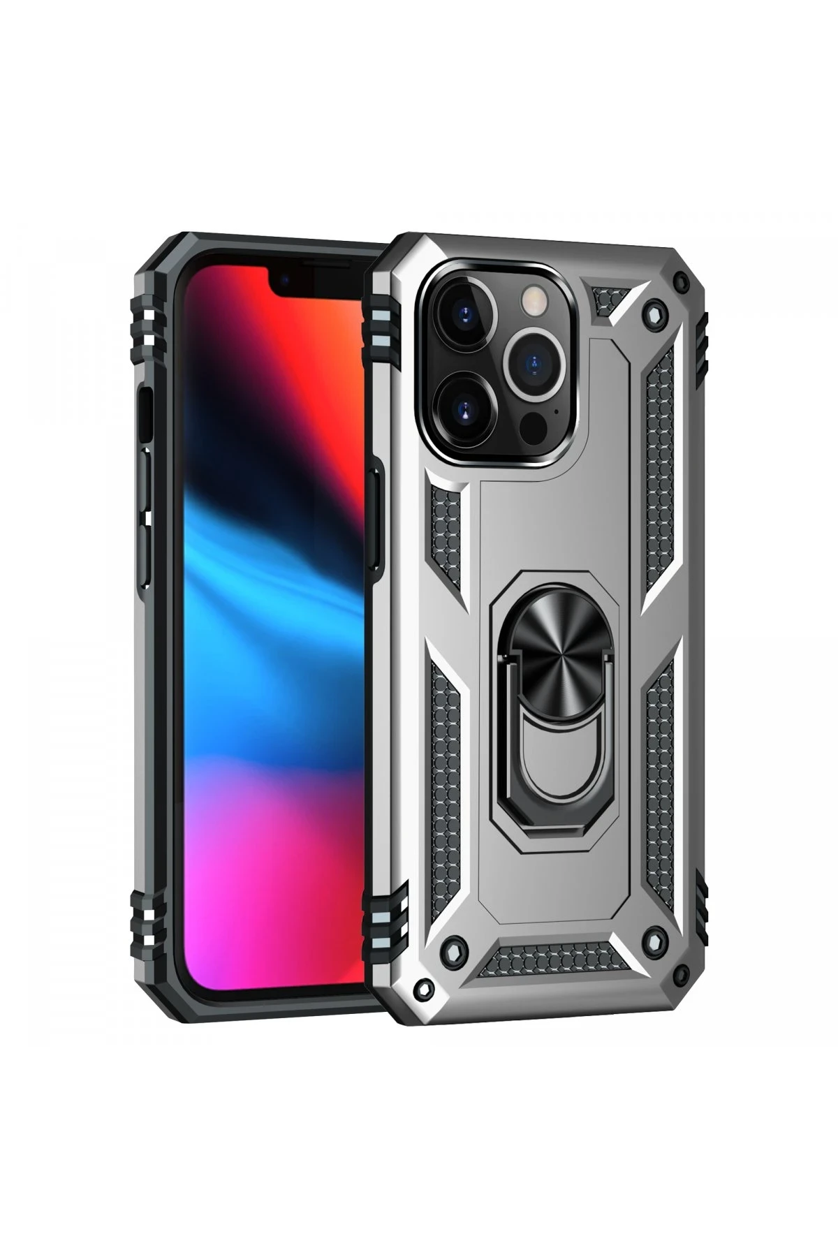 Newface iPhone 13 Pro Max Kılıf Sofya Yüzüklü Silikon Kapak - Gümüş