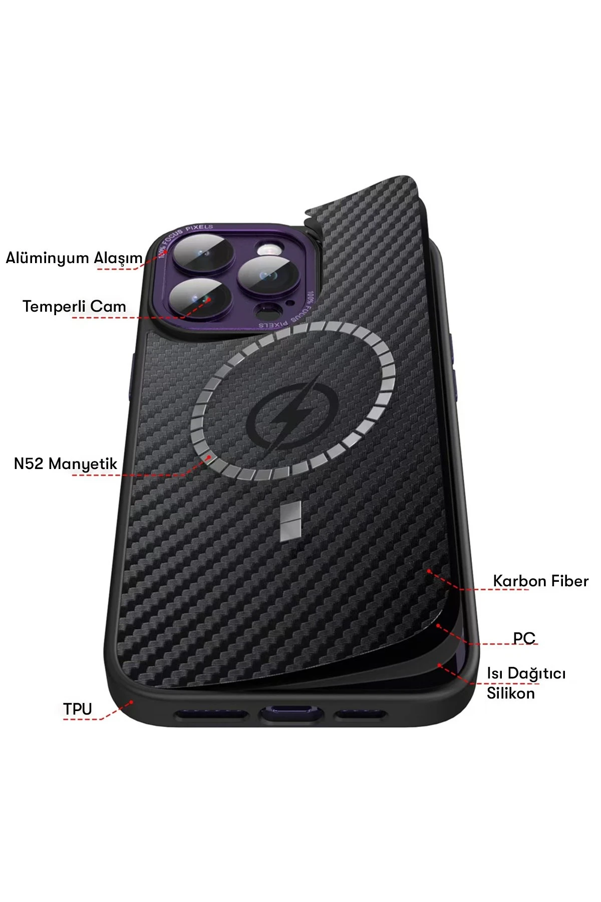 Newface iPhone 14 Pro Kılıf Harbon Magneticsafe Karbon Kapak - Derin Mor