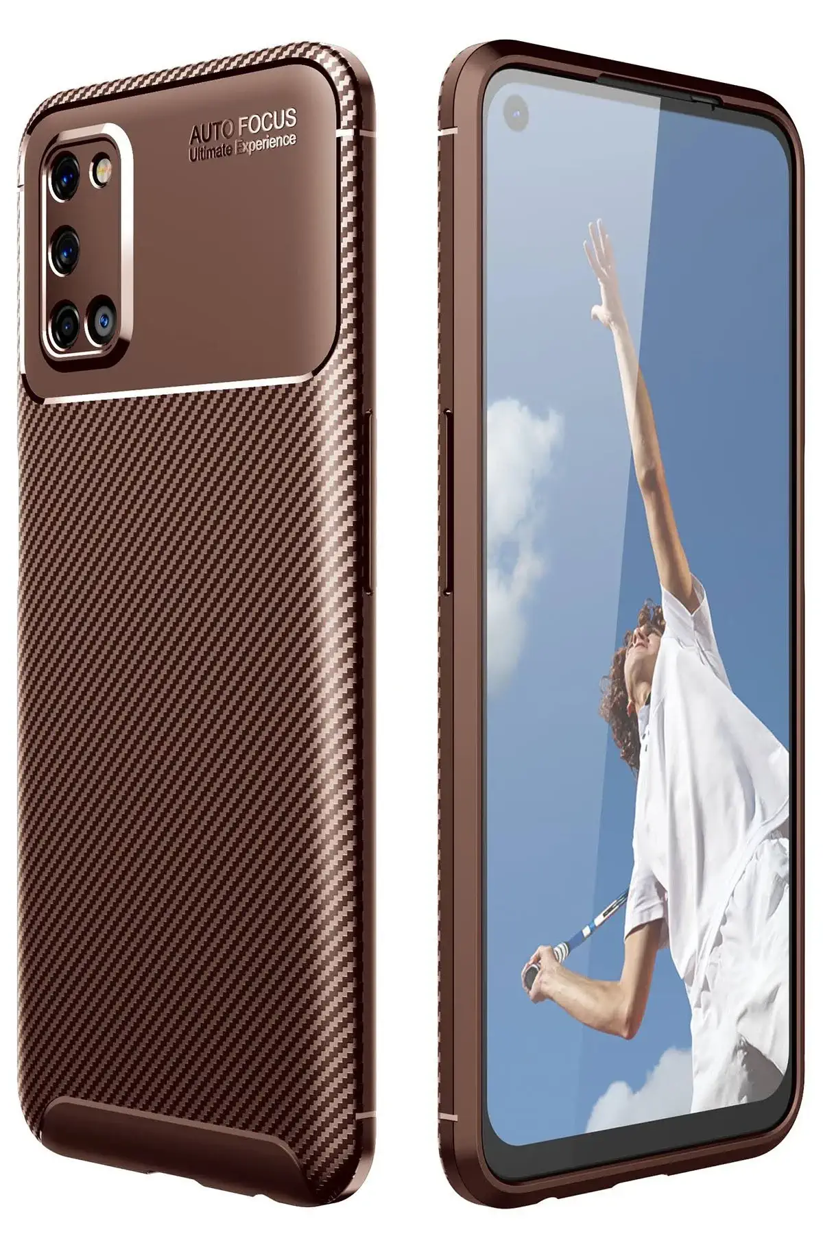 Newface Oppo A52 Kılıf Auto Focus Karbon Kapak - Kahverengi