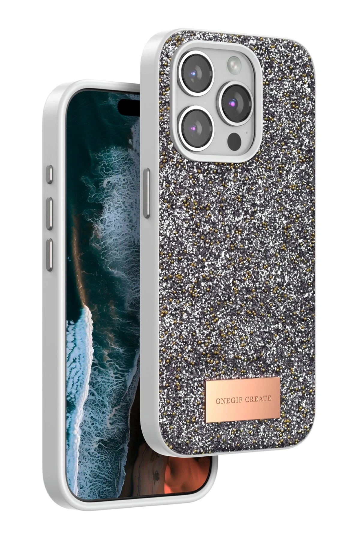 Onegif iPhone 14 Pro Bright Simli Kapak - Gümüş
