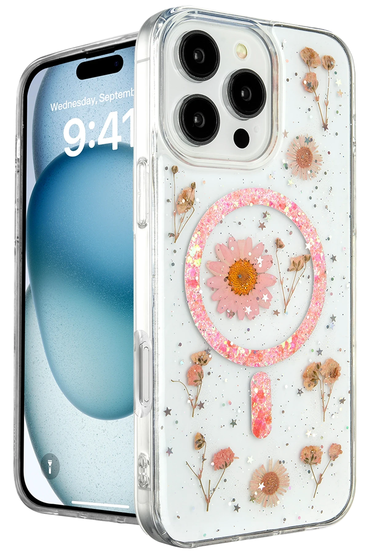 Newface iPhone 16 Pro Kılıf Daisy Simli Magsafe Kapak - Pembe
