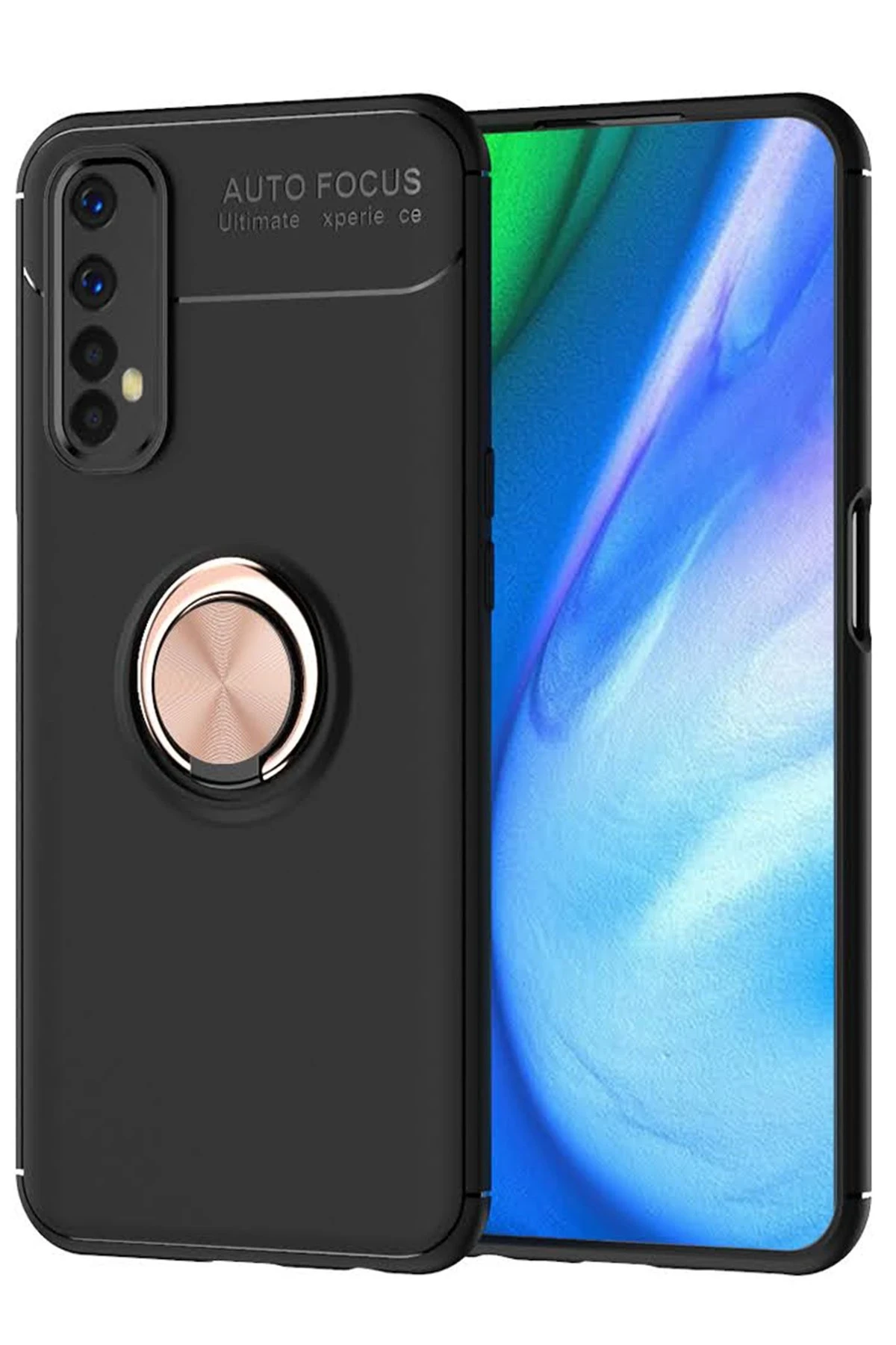 Newface Realme 7 Kılıf Range Yüzüklü Silikon - Siyah-Gold