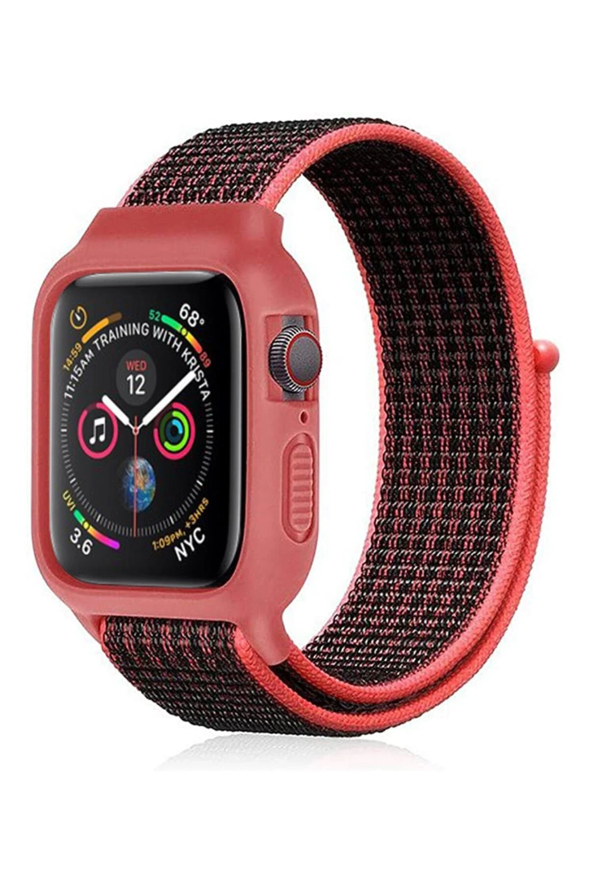 Newface Apple Watch 38mm Hasırlı Cırtcırtlı Kasalı Kordon - Siyah-Pembe
