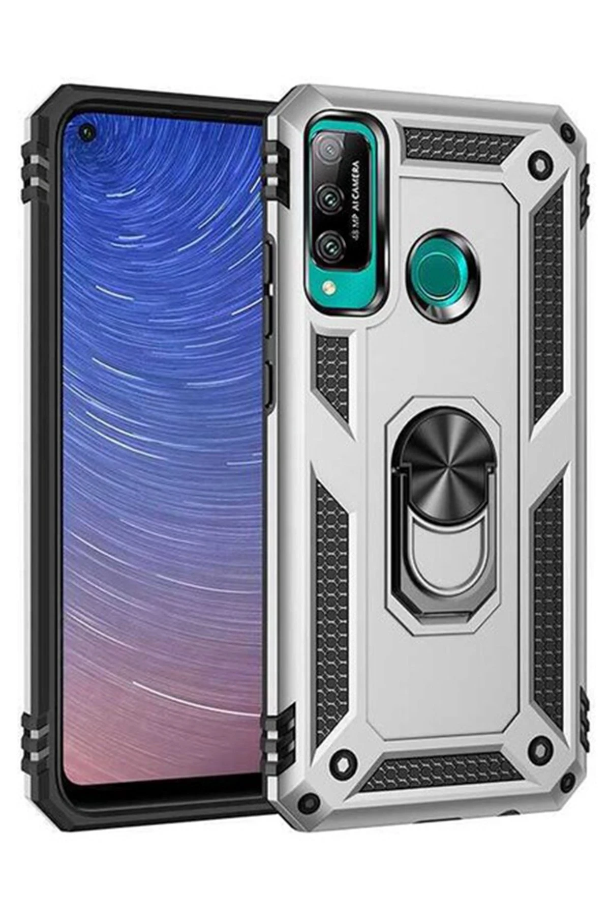 Newface Huawei P40 Lite E Kılıf Sofya Yüzüklü Silikon Kapak - Gümüş