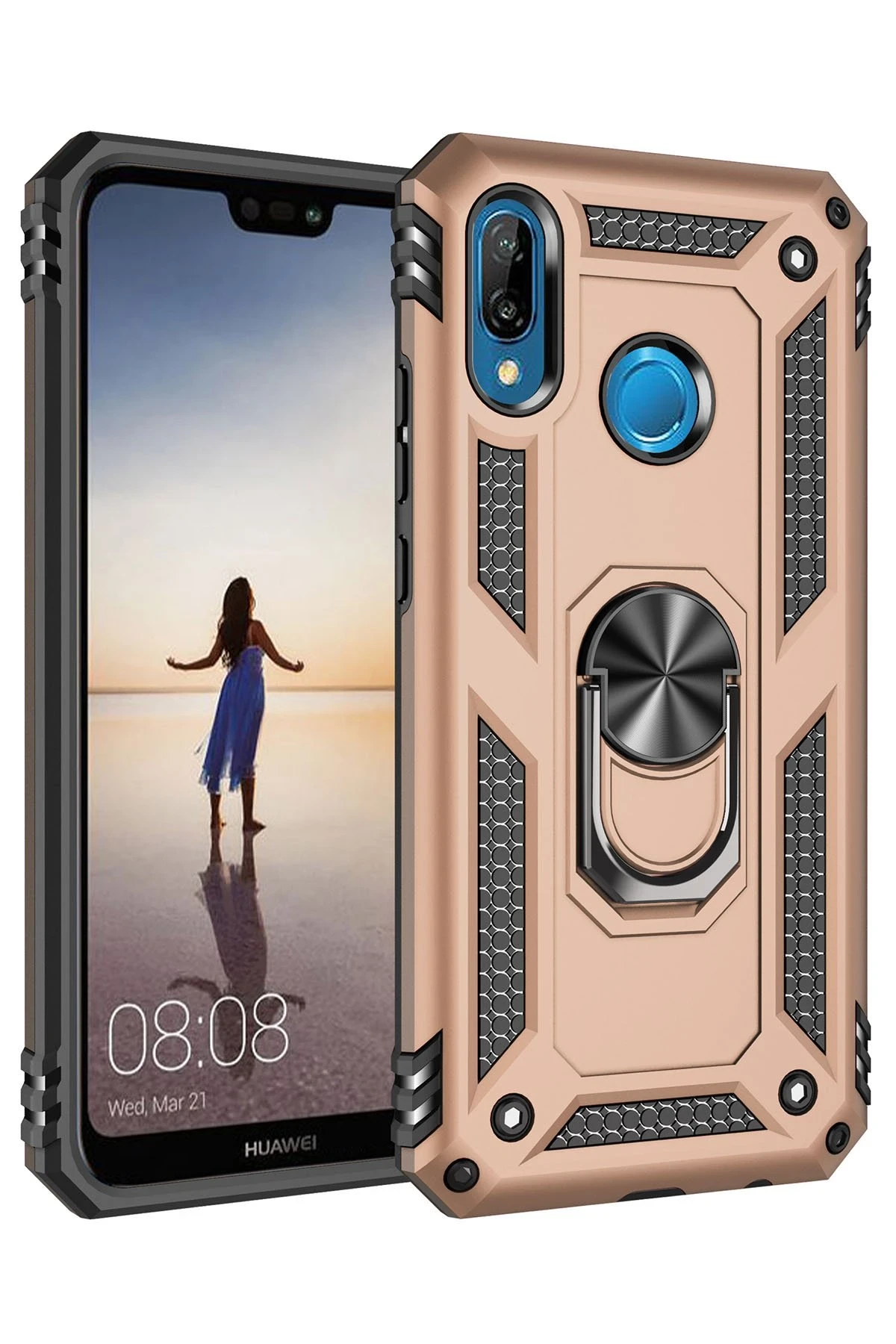 Newface Huawei P20 Lite Kılıf Sofya Yüzüklü Silikon Kapak - Gold