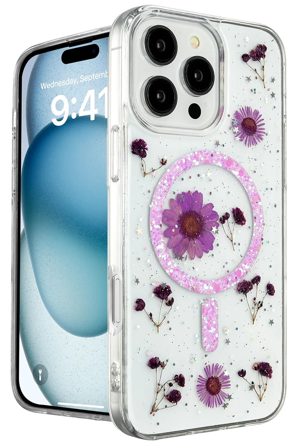 Newface iPhone 16 Pro Kılıf Daisy Simli Magsafe Kapak - Mor