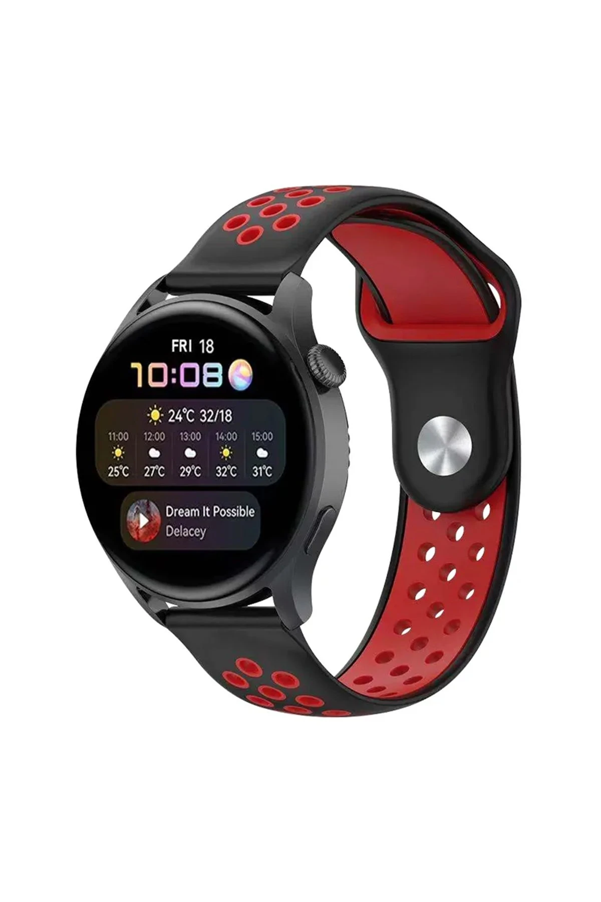 Newface Watch 22mm Spor Delikli Kordon - Siyah-Kırmızı