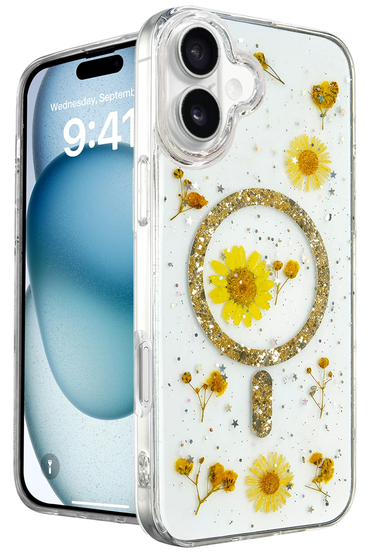 Newface iPhone 16 Kılıf Daisy Simli Magsafe Kapak - Gold