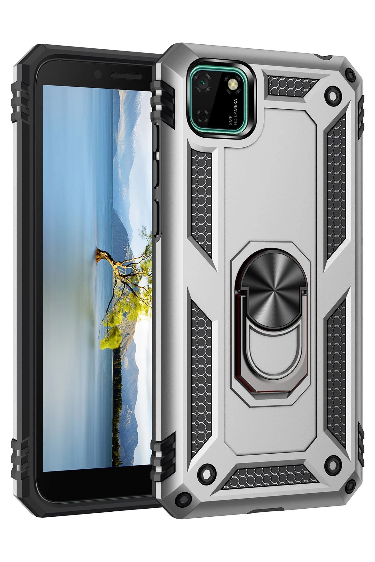 Newface Huawei Y5P Kılıf Sofya Yüzüklü Silikon Kapak - Gümüş
