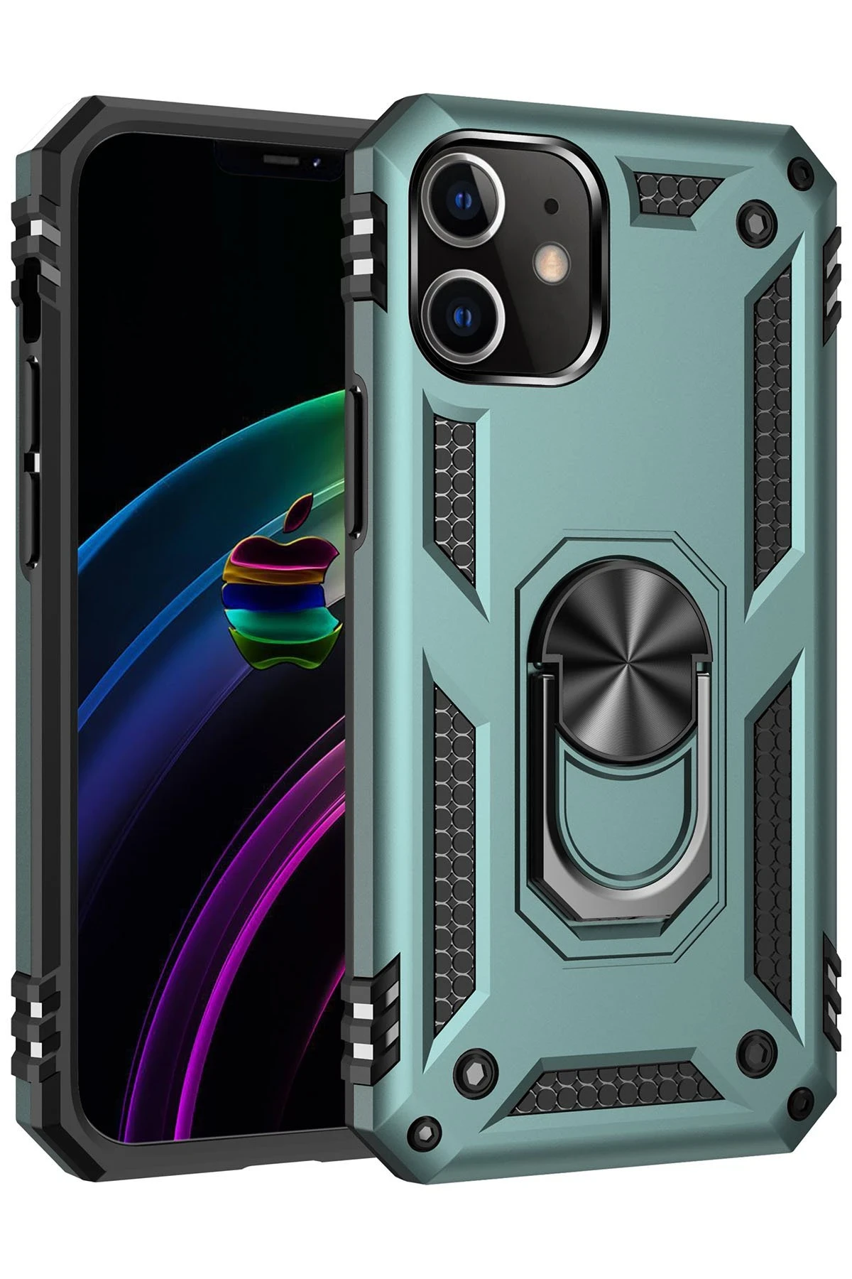Newface iPhone 12 Kılıf Sofya Yüzüklü Silikon Kapak - Yeşil