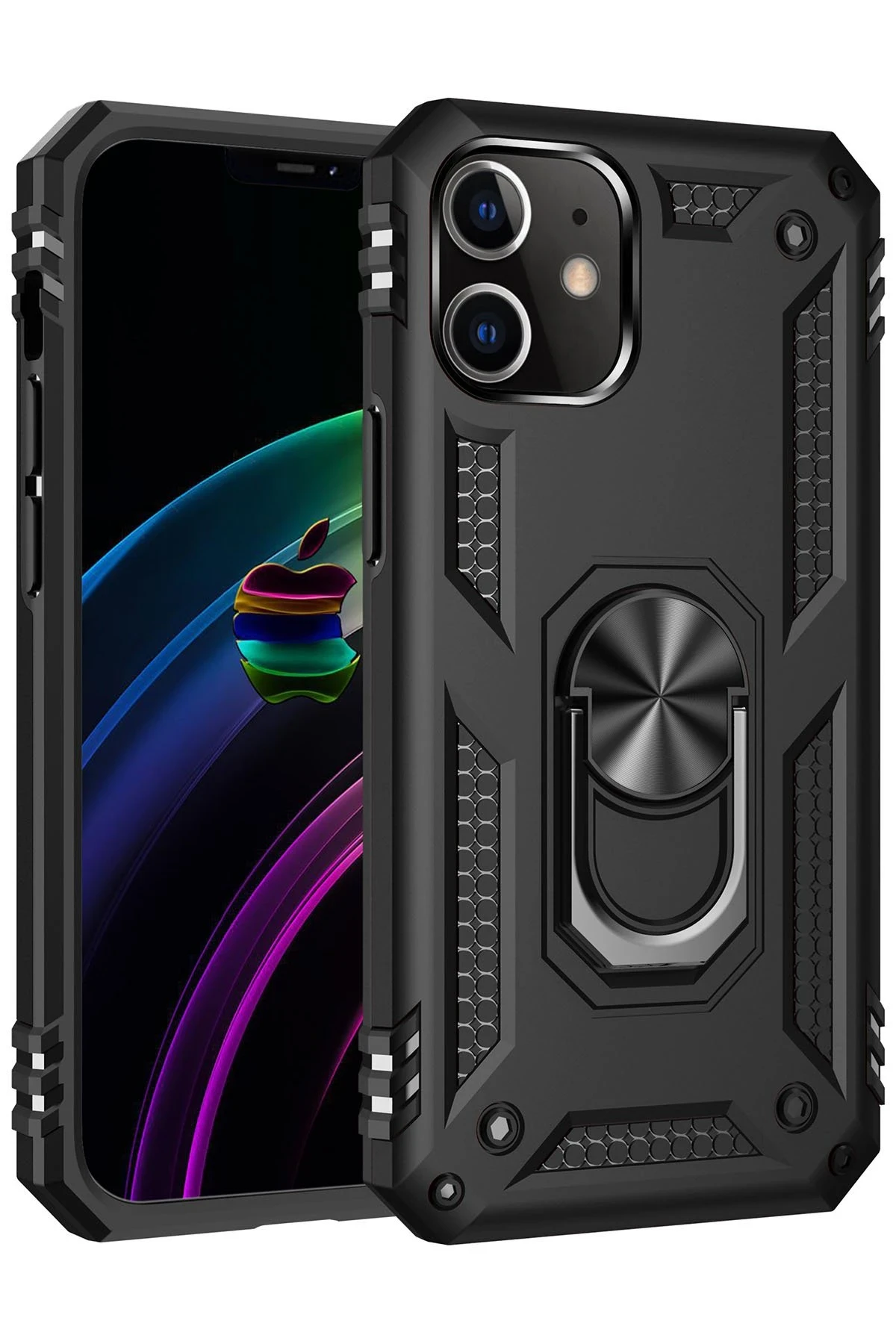 Newface iPhone 12 Kılıf Sofya Yüzüklü Silikon Kapak - Siyah