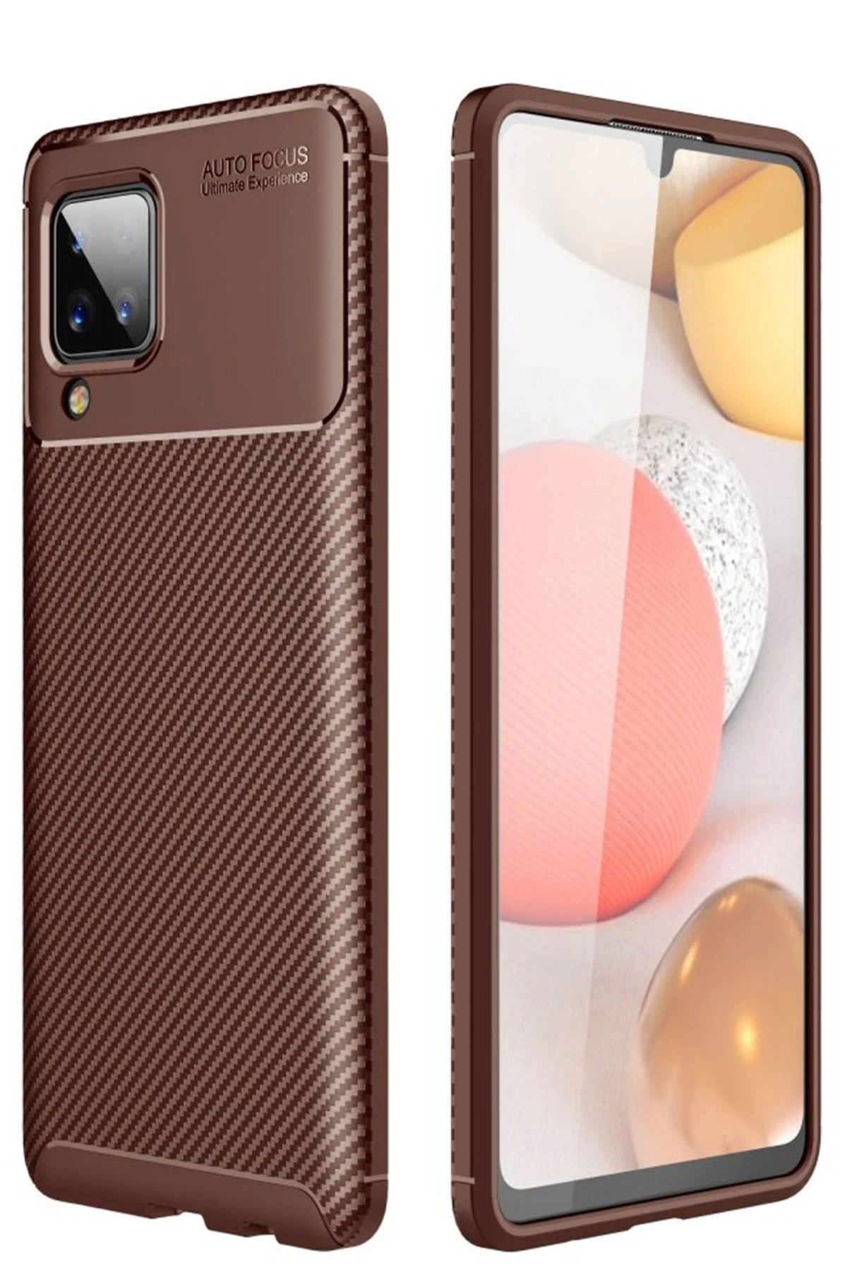 Newface Samsung Galaxy A12 Kılıf Auto Focus Karbon Kapak - Kahverengi