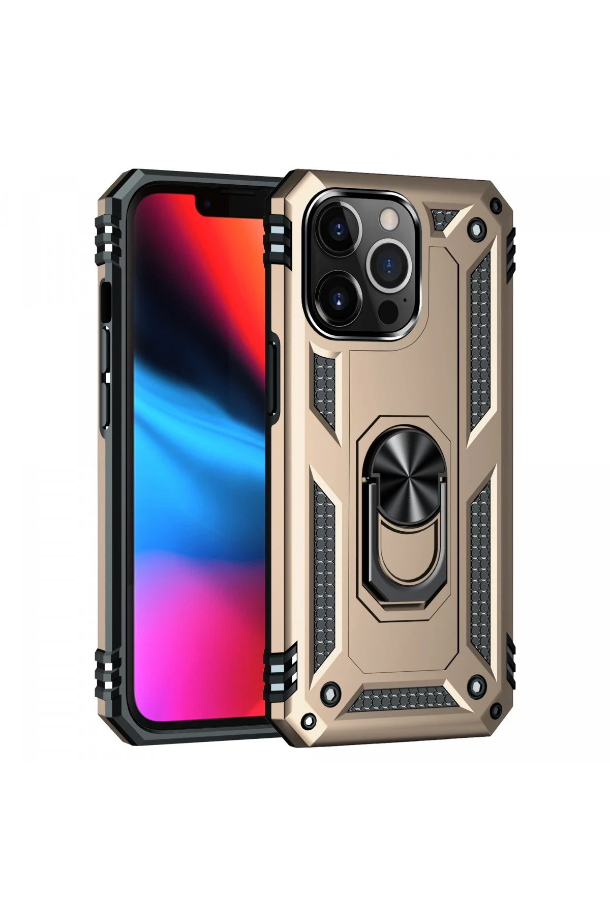 Newface iPhone 13 Pro Max Kılıf Sofya Yüzüklü Silikon Kapak - Gold