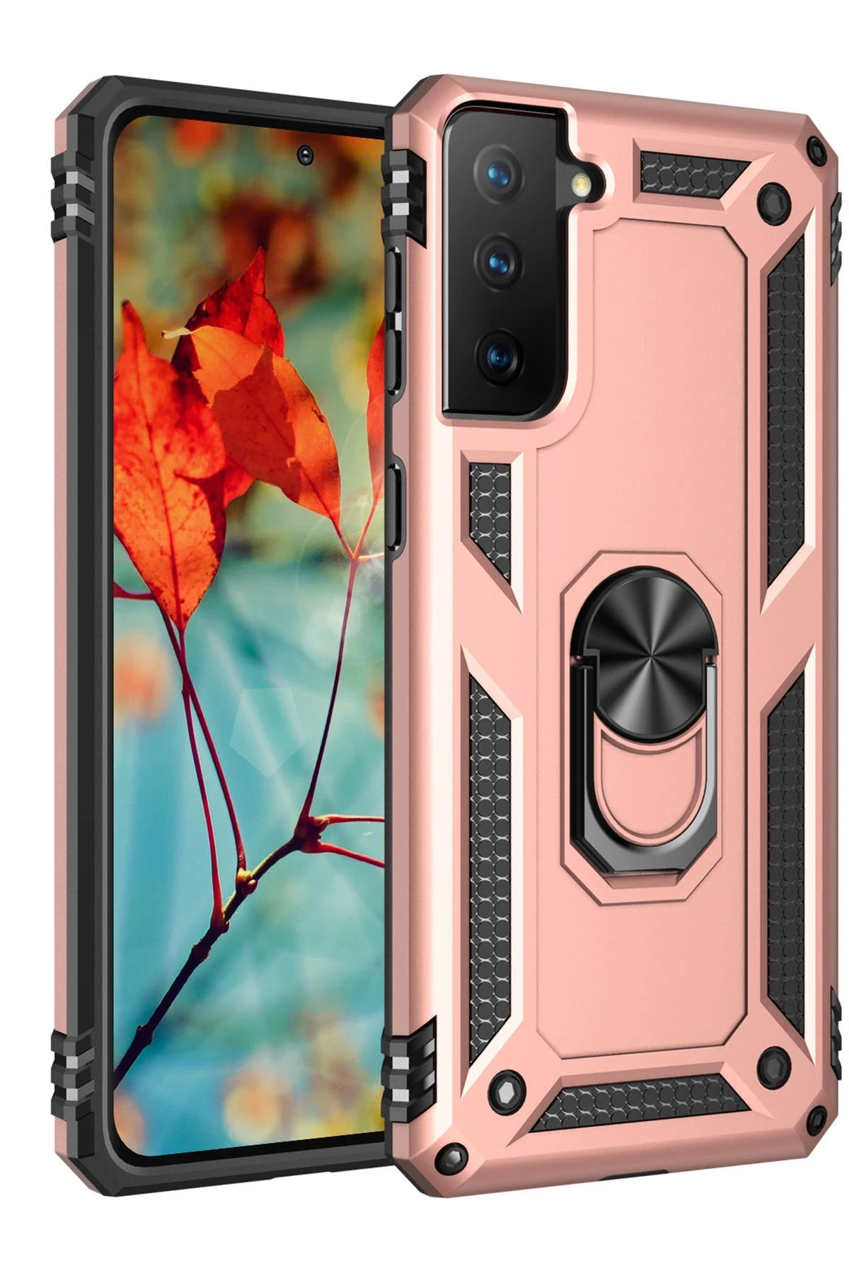 Newface Samsung Galaxy S21 Kılıf Sofya Yüzüklü Silikon Kapak - Rose
