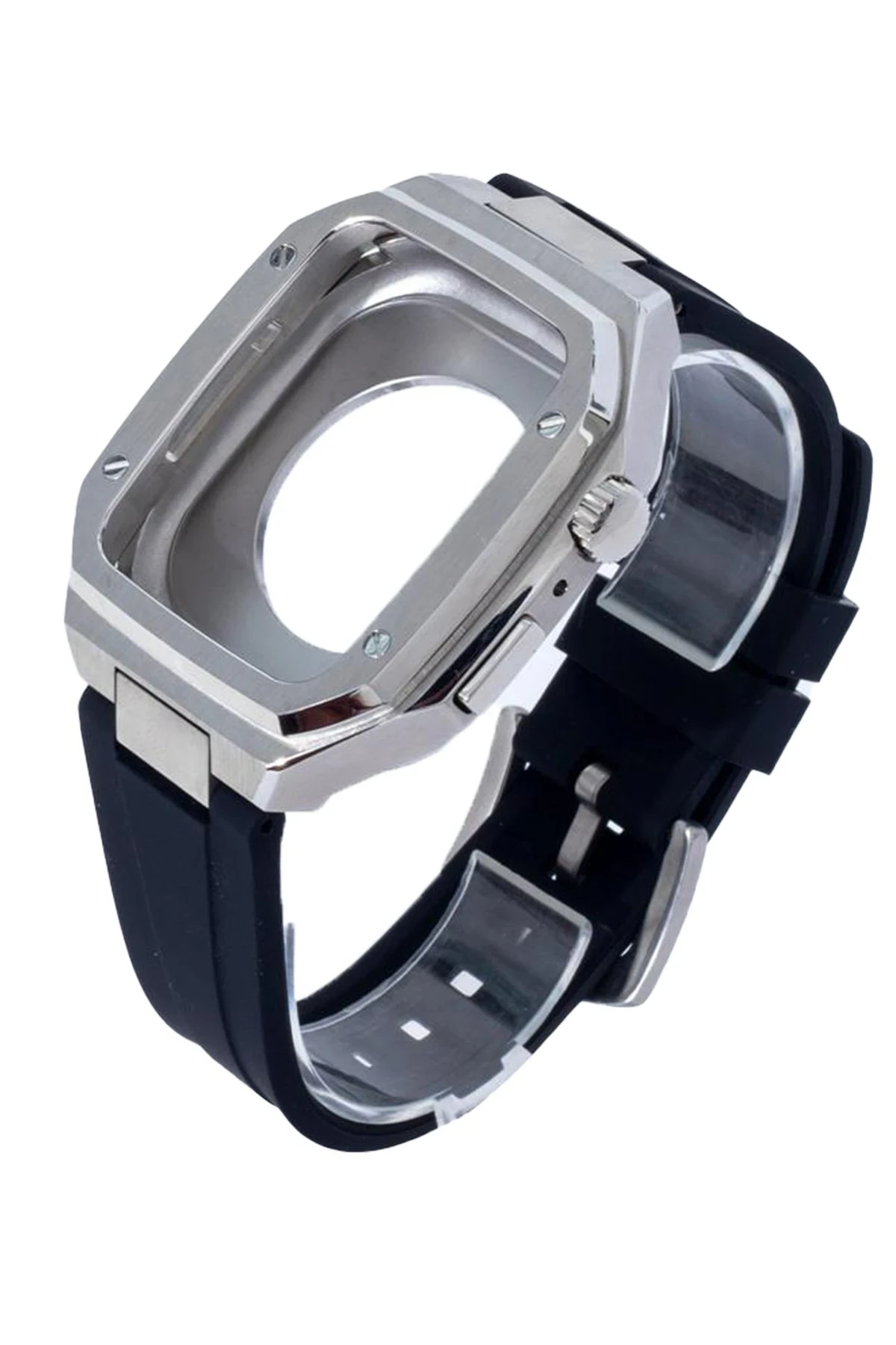 Newface Apple Watch 44mm KR402 Metal Kasa Silikon Kordon - Gümüş