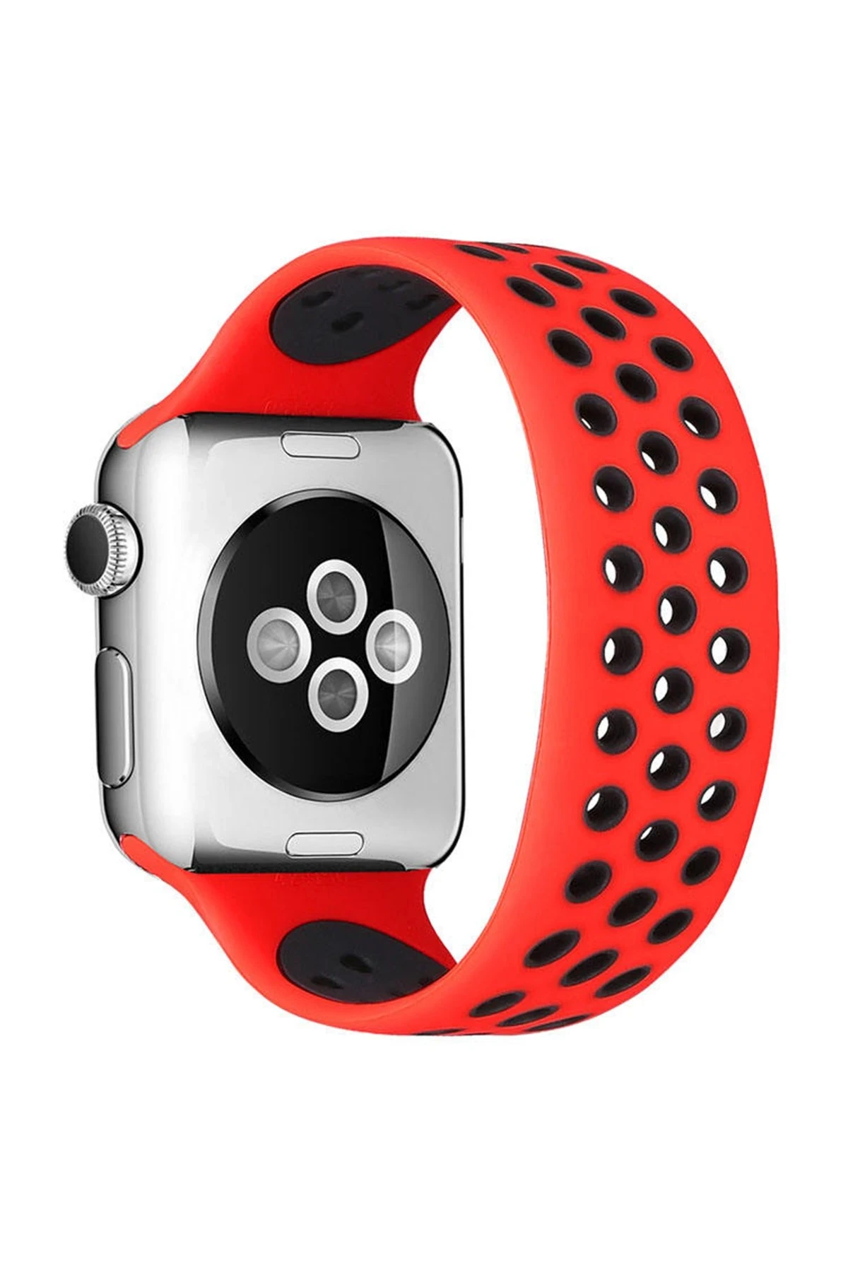 Newface Apple Watch 42mm Ayarlı Delikli Silikon Kordon - Kırmızı-Siyah