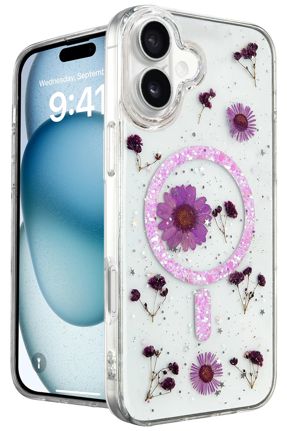 Newface iPhone 16 Kılıf Daisy Simli Magsafe Kapak - Mor