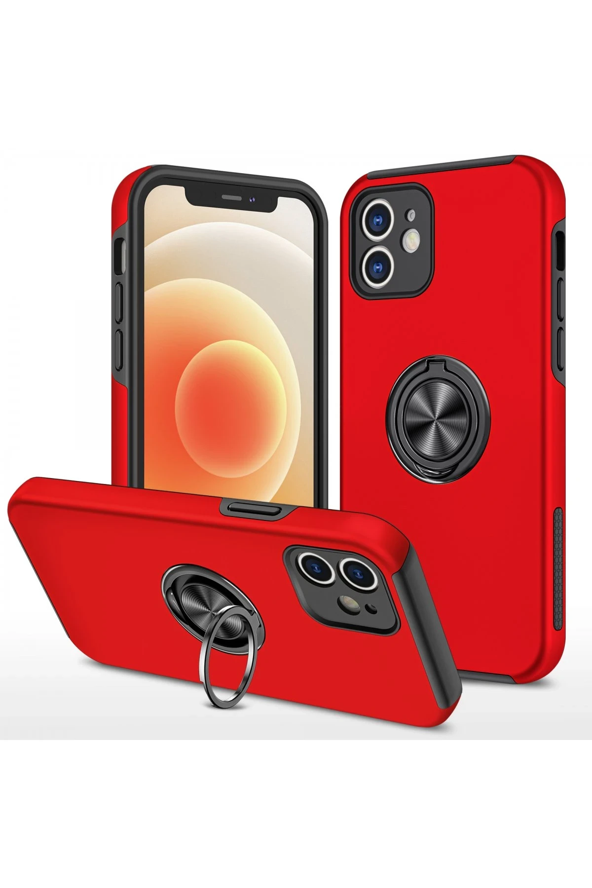Newface iPhone 12 Kılıf Elit Yüzüklü Kapak - Kırmızı