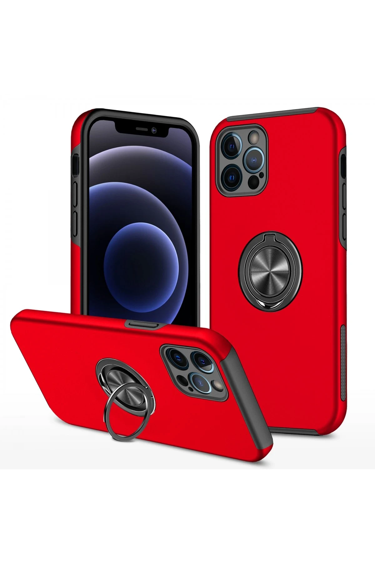 Newface iPhone 12 Pro Kılıf Elit Yüzüklü Kapak - Kırmızı