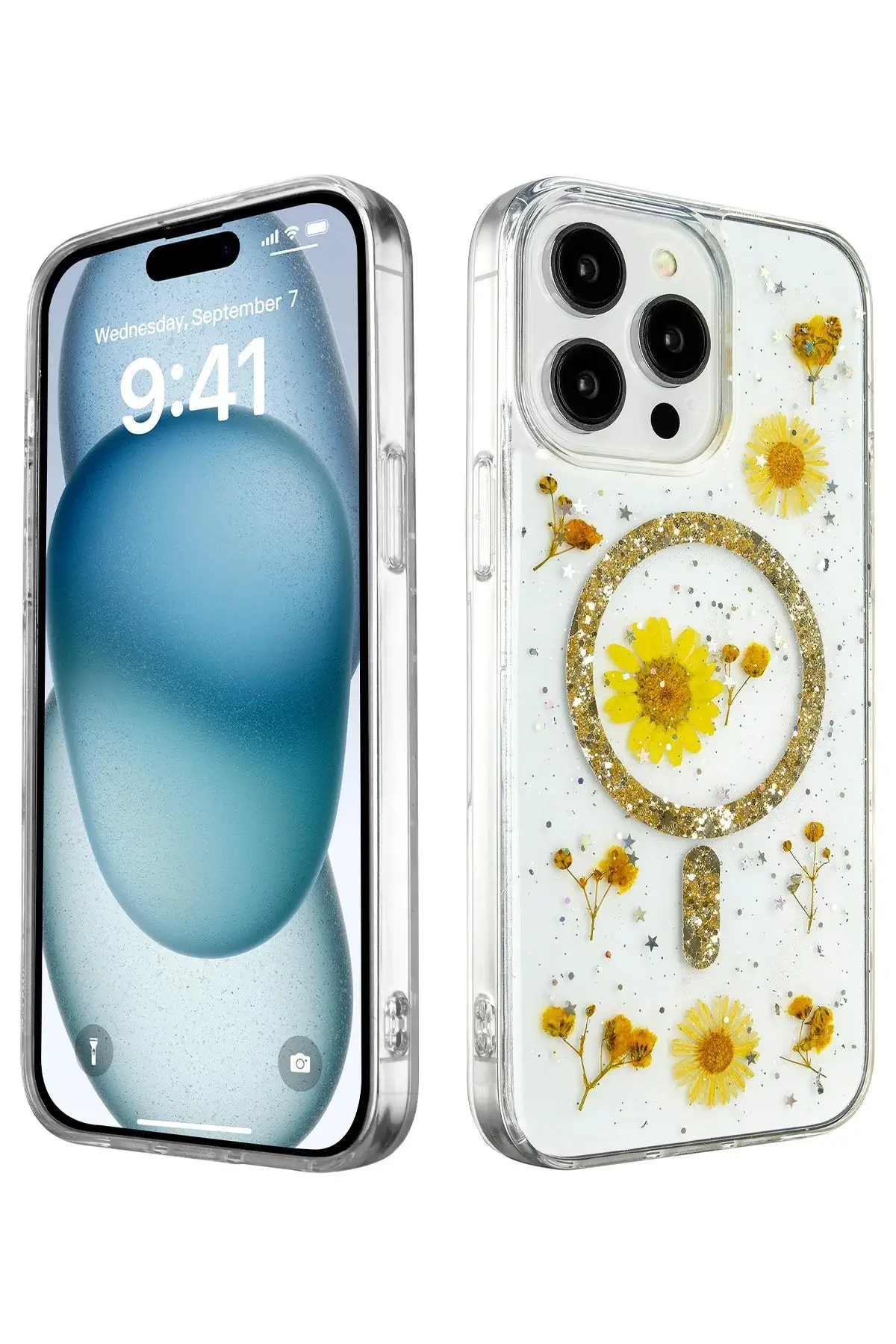 Newface iPhone 14 Pro Kılıf Daisy Simli Magsafe Kapak - Gold