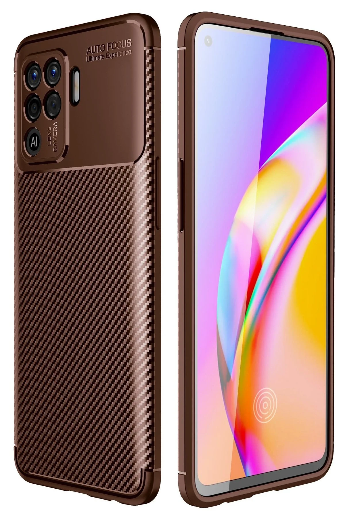 Newface Oppo Reno 5 Lite Kılıf Auto Focus Karbon Kapak - Kahverengi