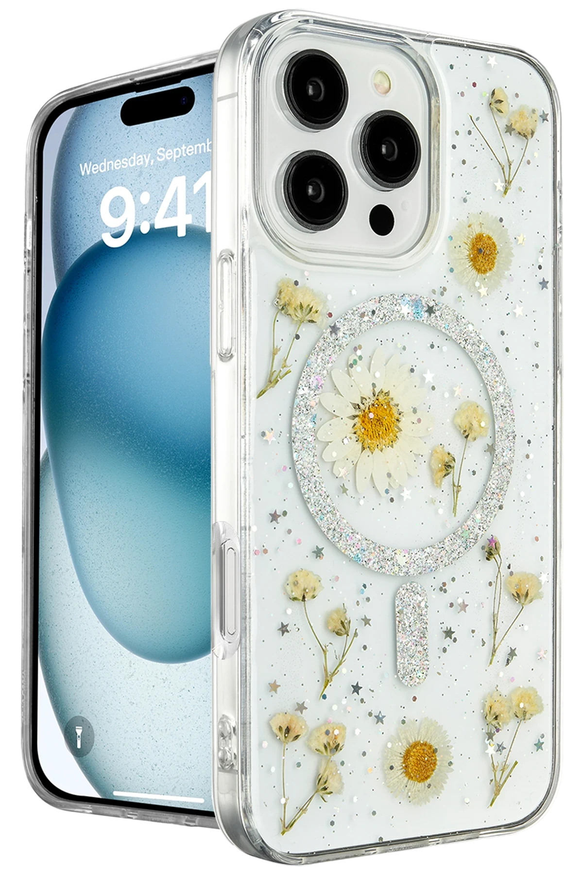 Newface iPhone 16 Pro Kılıf Daisy Simli Magsafe Kapak - Gümüş