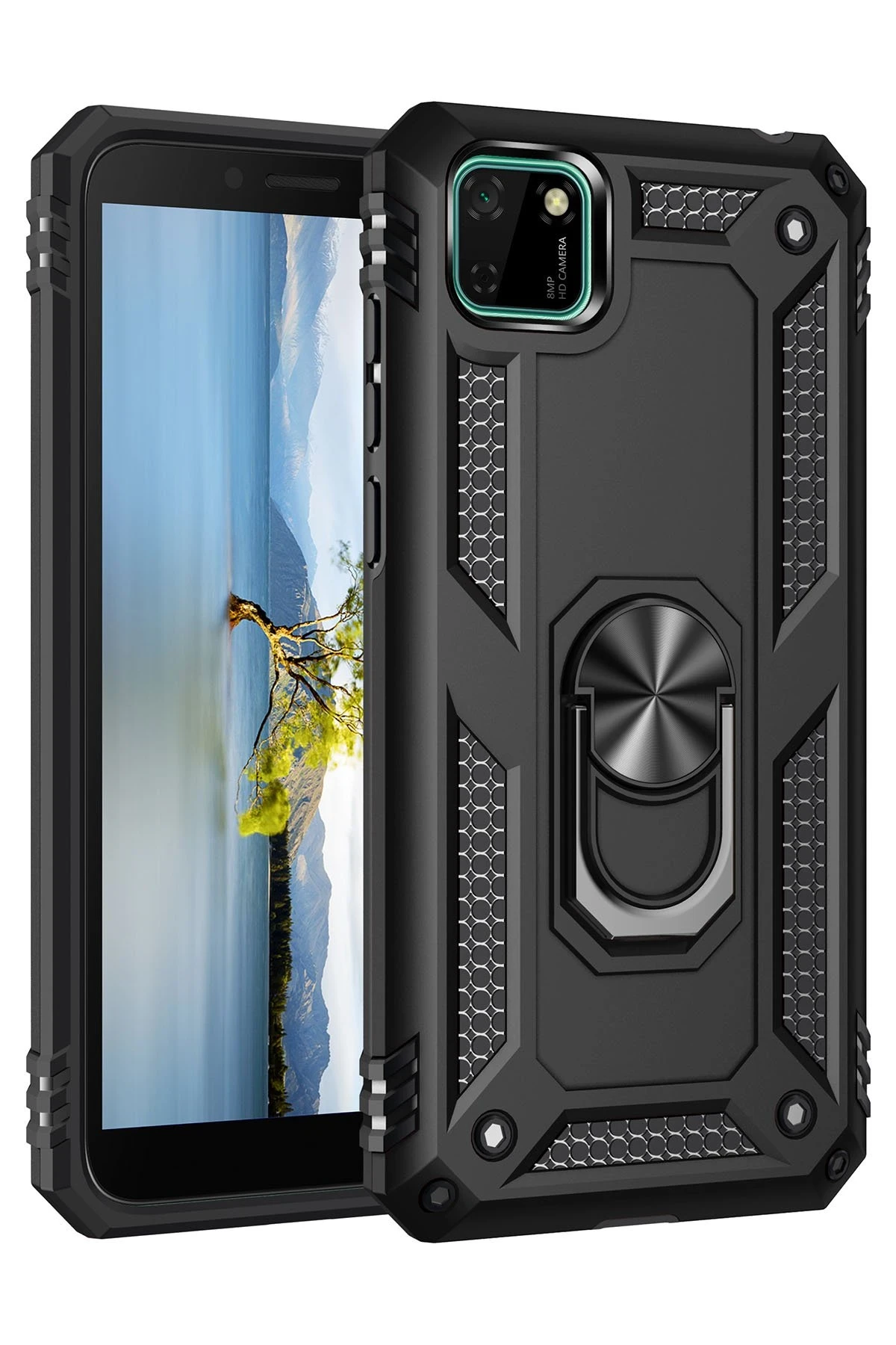 Newface Huawei Y5P Kılıf Sofya Yüzüklü Silikon Kapak - Siyah