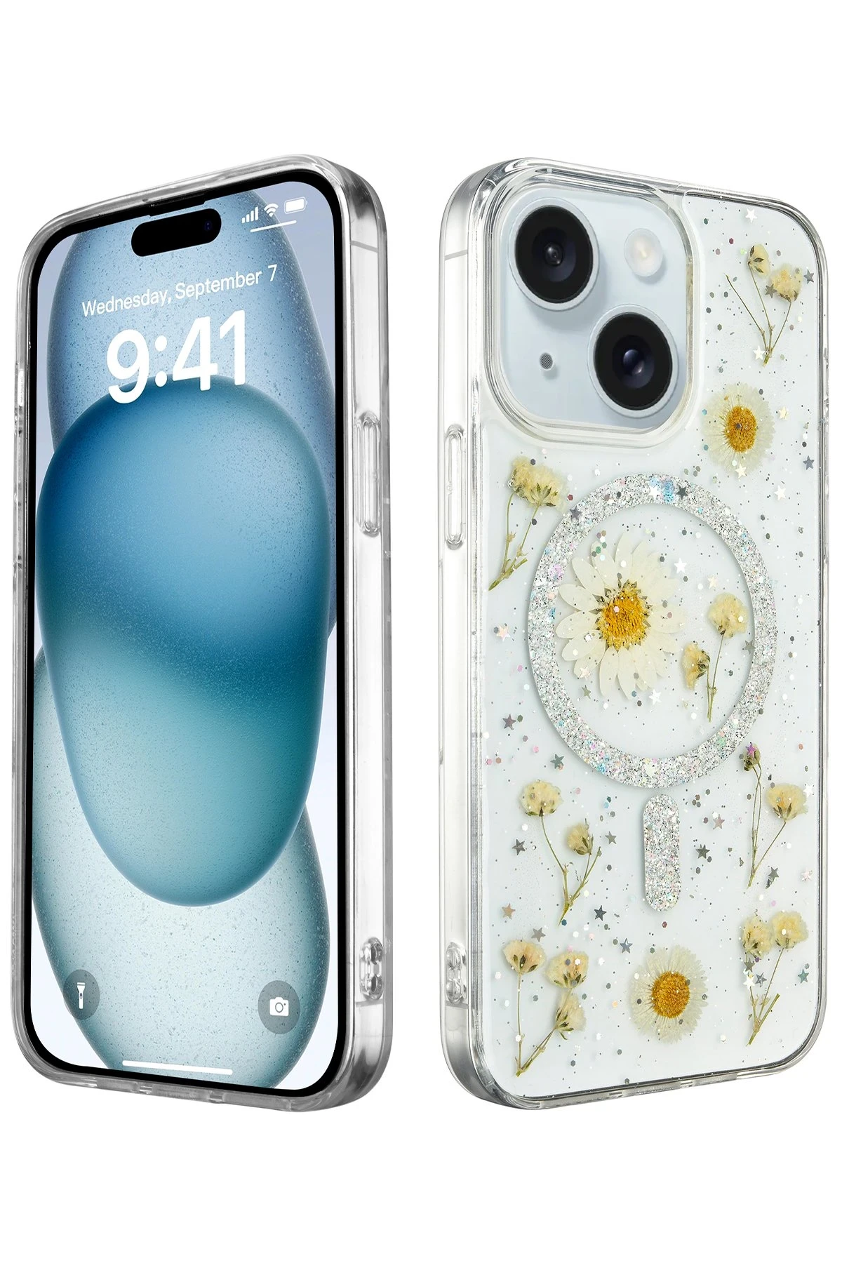 Newface iPhone 15 Kılıf Daisy Simli Magsafe Kapak - Gümüş