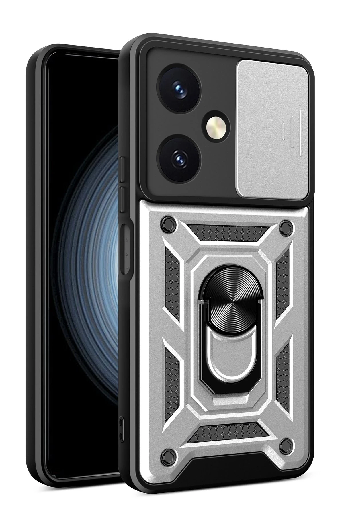 Newface Vivo Y27 Kılıf Pars Lens Yüzüklü Silikon - Gümüş