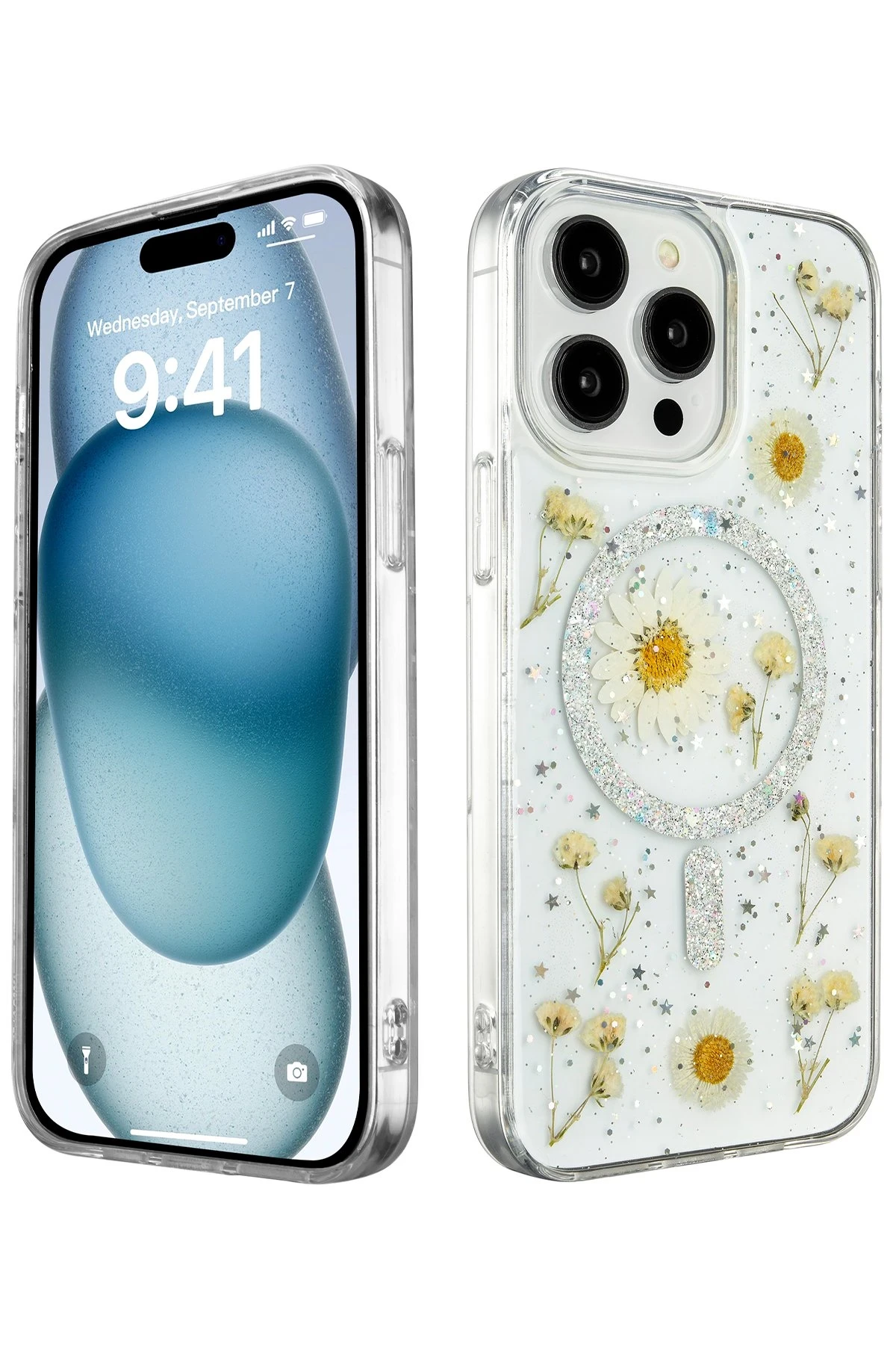 Newface iPhone 15 Pro Kılıf Daisy Simli Magsafe Kapak - Gümüş
