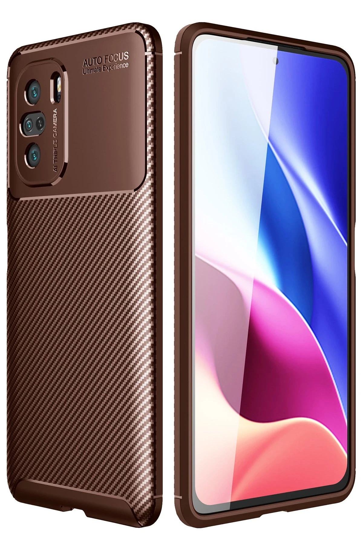 Newface Xiaomi Poco F3 Kılıf Auto Focus Karbon Kapak - Kahverengi