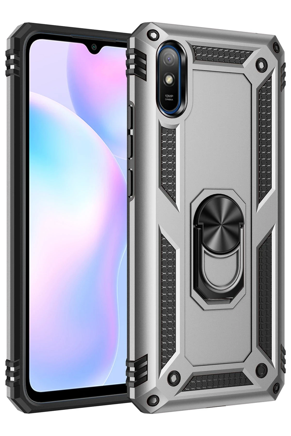 Newface Xiaomi Redmi 9A Kılıf Sofya Yüzüklü Silikon Kapak - Gümüş